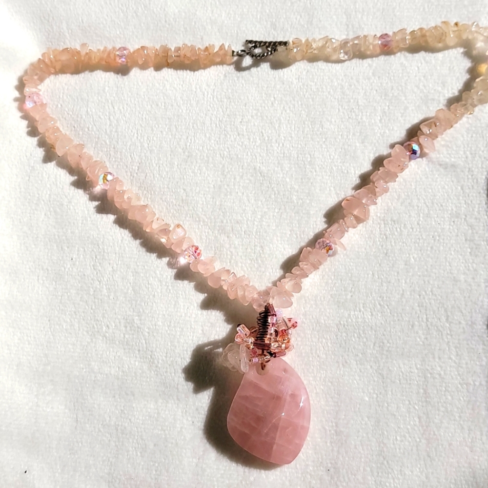 Rose Quartz Large Pendant Stone Crystal Beaded Necklace